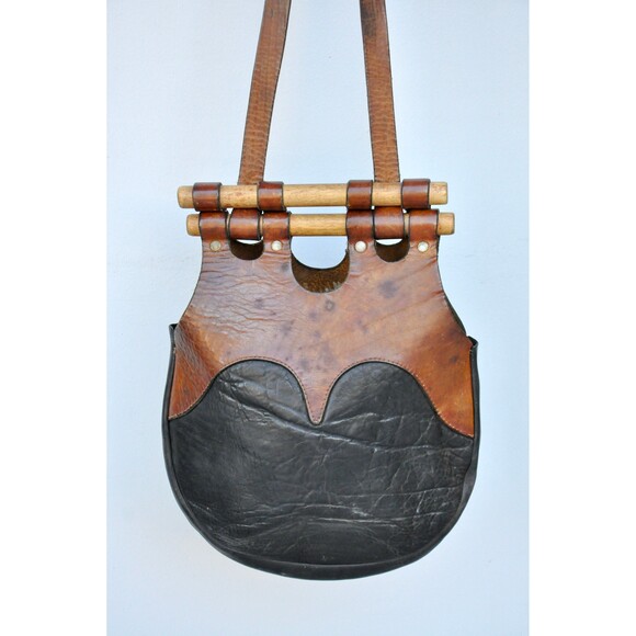 70s 2 Tones Brown & Black Leather Shoulder Bag Original Boho Gypsy Woodstock - Picture 3 of 10